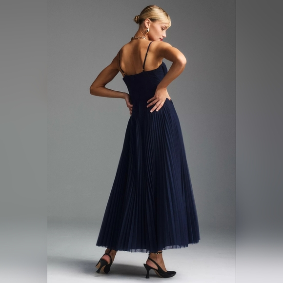 Anthropologie Hutch Amara Bustier Pleated Tulle Fit & Flare Midi Dress Navy 10 - Picture 2 of 8